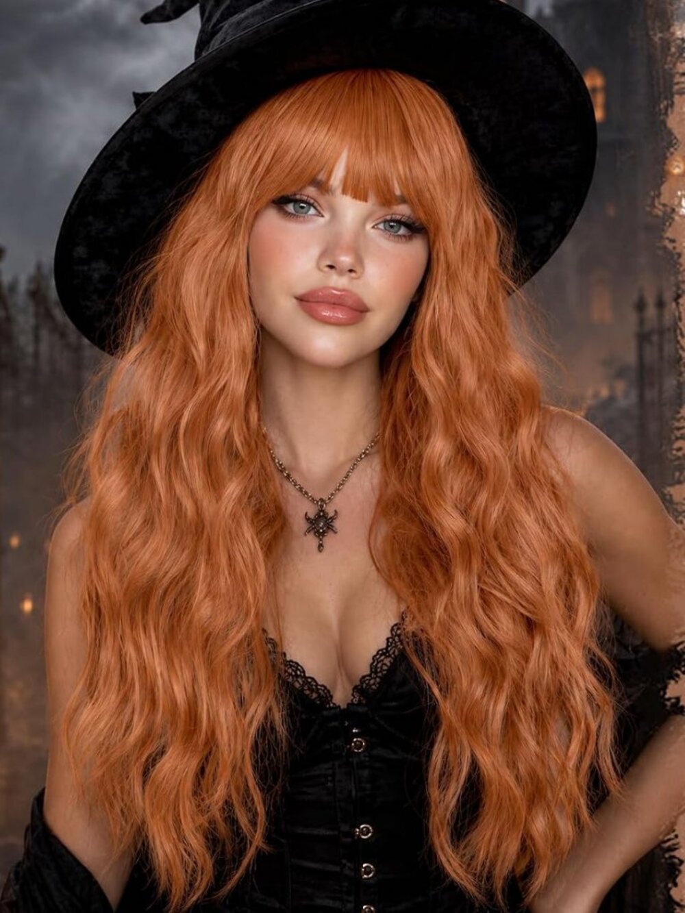 Auburn Wig with Bangs - Long Wavy Natural Looking Synthetic Hair Wig 27"